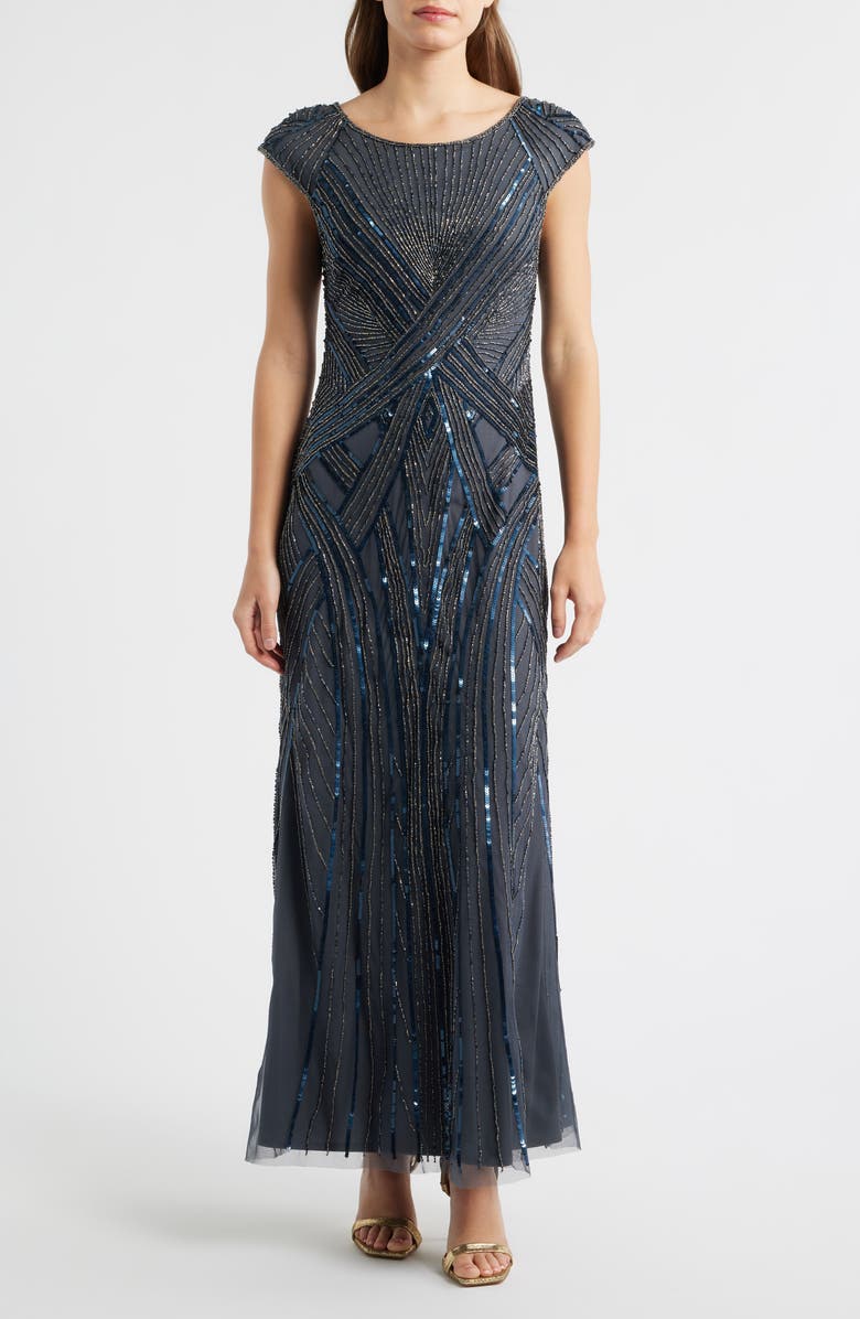 Pisarro Nights Embellished Cap Sleeve Gown, Main, color, Smoke