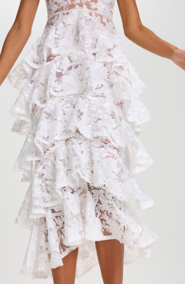 NADINE MERABI Saffron Lace Ruffle Tiered Cocktail Sheath Dress, Alternate, color, White