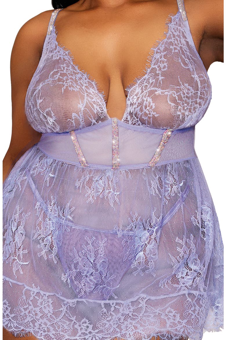 Lace Babydoll Chemise & G-String Set, Alternate, color, HYDRANGEA