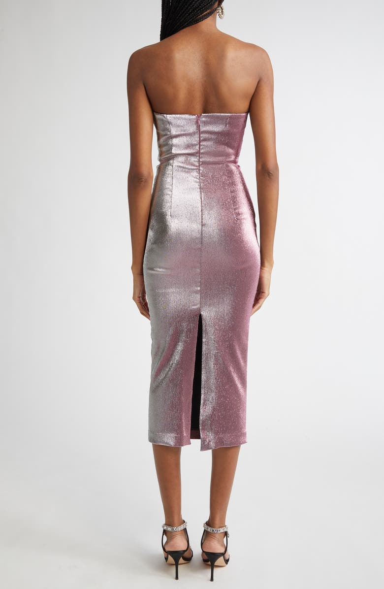Area Rosette Metallic Stretch Lamé Strapless Midi Dress, Alternate, color, 