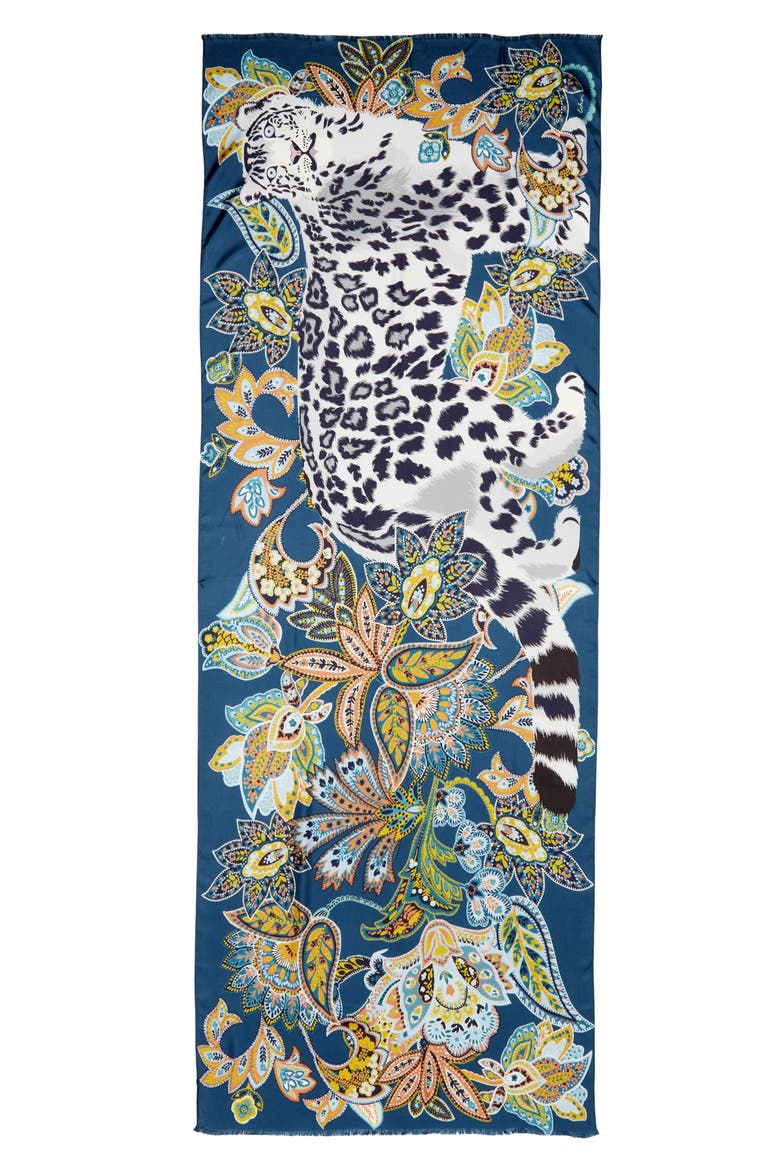 Snow Leopard Silk Wrap Scarf, Alternate, color, DENIM BLUE