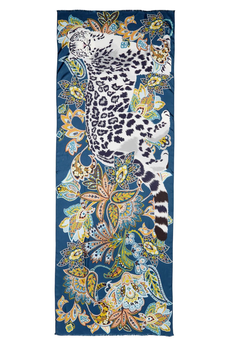 Echo Snow Leopard Silk Wrap Scarf, Alternate, color, Denim Blue