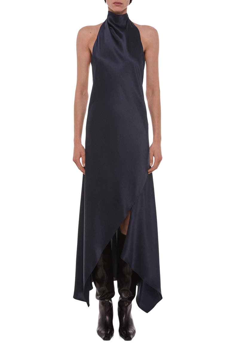 Tie Neck Silk Maxi Dress, Main, color, NAVY