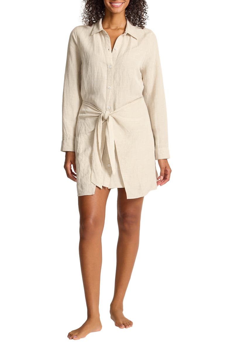 St. Lucia Long Sleeve Linen Blend Cover-Up Shirtdress, Main, color, TWILL