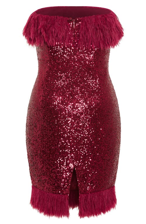 City Chic Feather Trim Sequin Strapless Dress In Red