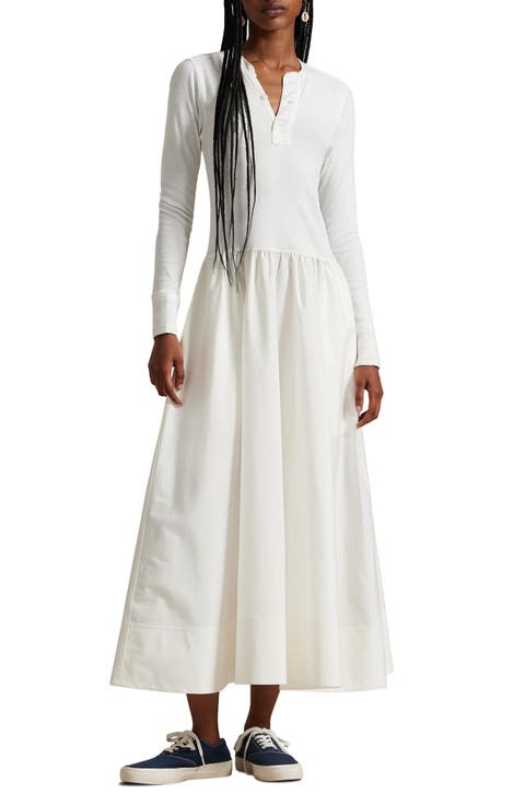 Long Sleeve Mixed Media Henley Midi Dress