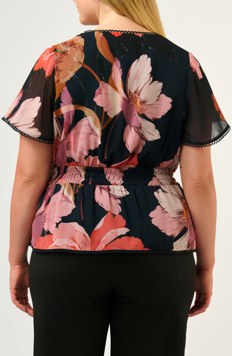 Estelle Elena Floral Picot Trim Flutter Sleeve Top, Alternate, color, Navy/ Peony