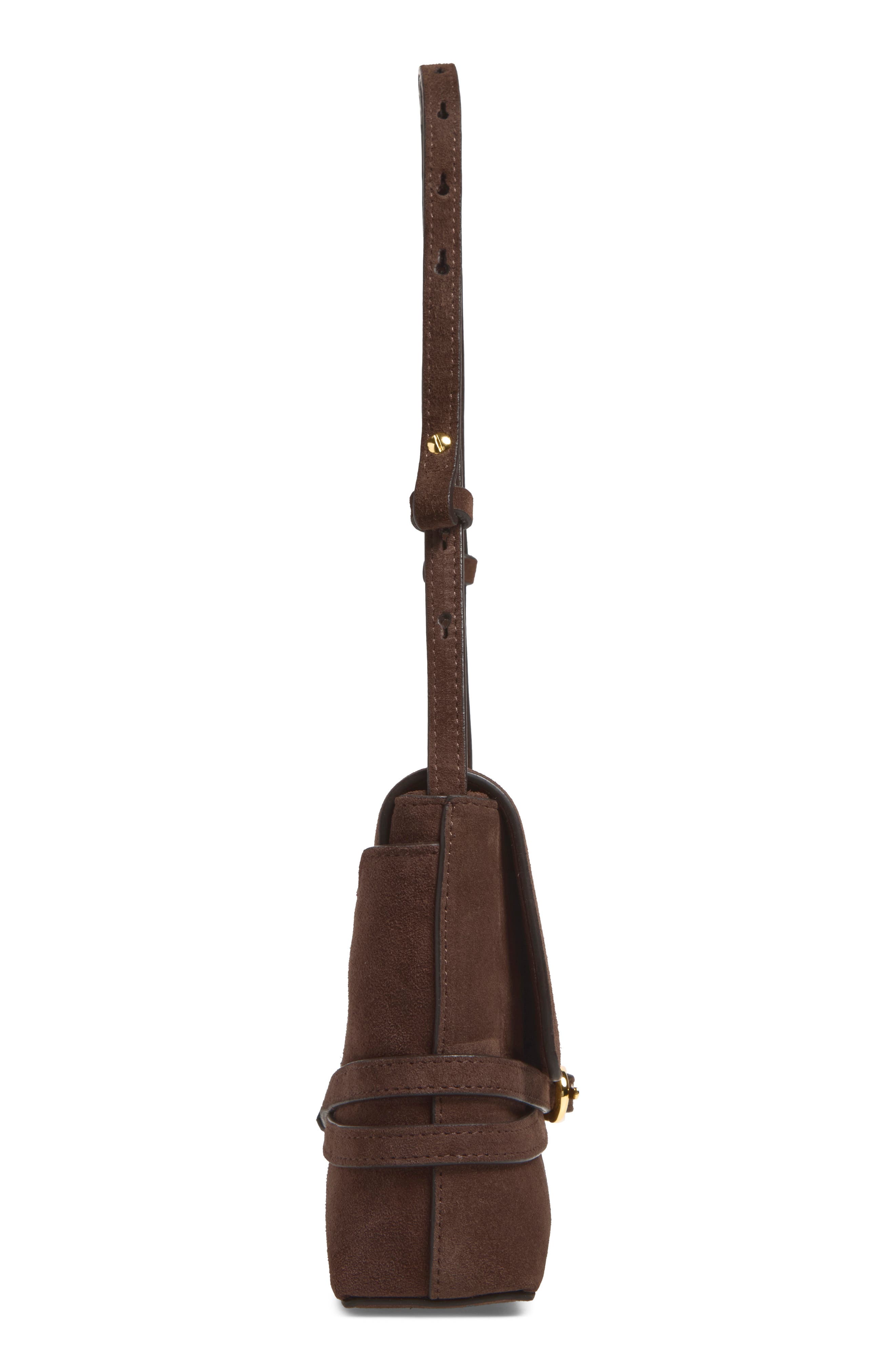 Belted Suede Shoulder Bag, Alternate, color, DARK BROWN