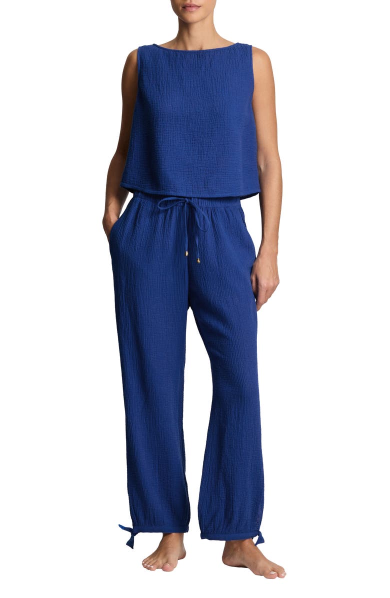 Lauren Ralph Lauren Sleeveless Cotton Top & Wide Leg Pants Cover-Up Set, Main, color, Blue Saturn