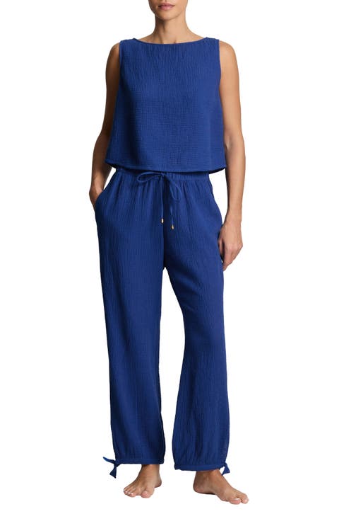 Sleeveless Cotton Top & Wide Leg Pants Cover-Up Set