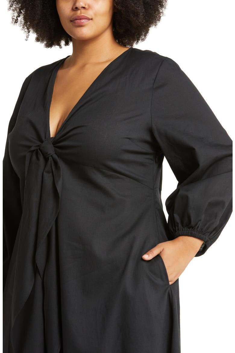 Novella Knot Front Long Sleeve Midi Dress, Alternate, color, BLACK