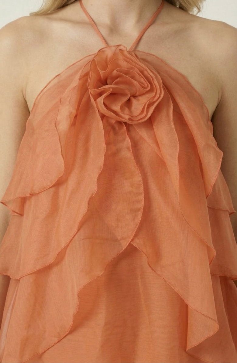 Modenaire Halter Ruffle Chiffon Top, Alternate, color, Terracotta