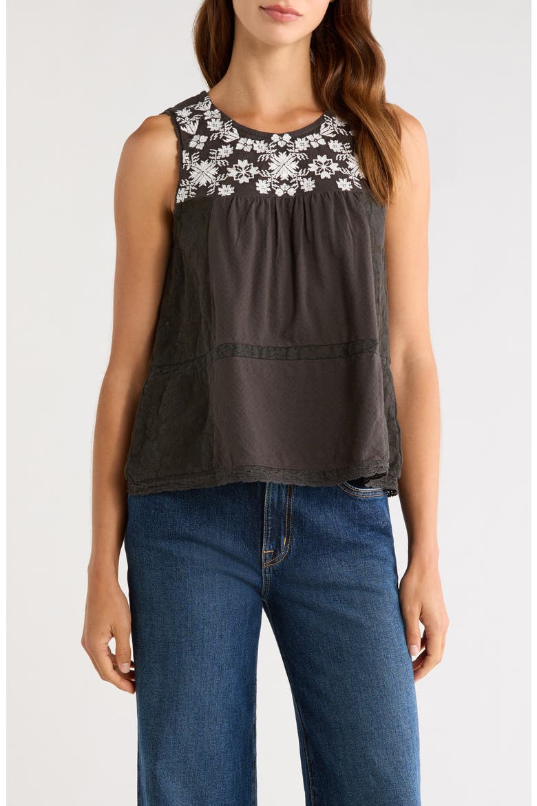 Embroidered Yoke Cotton Tank, Main, color, RAVEN