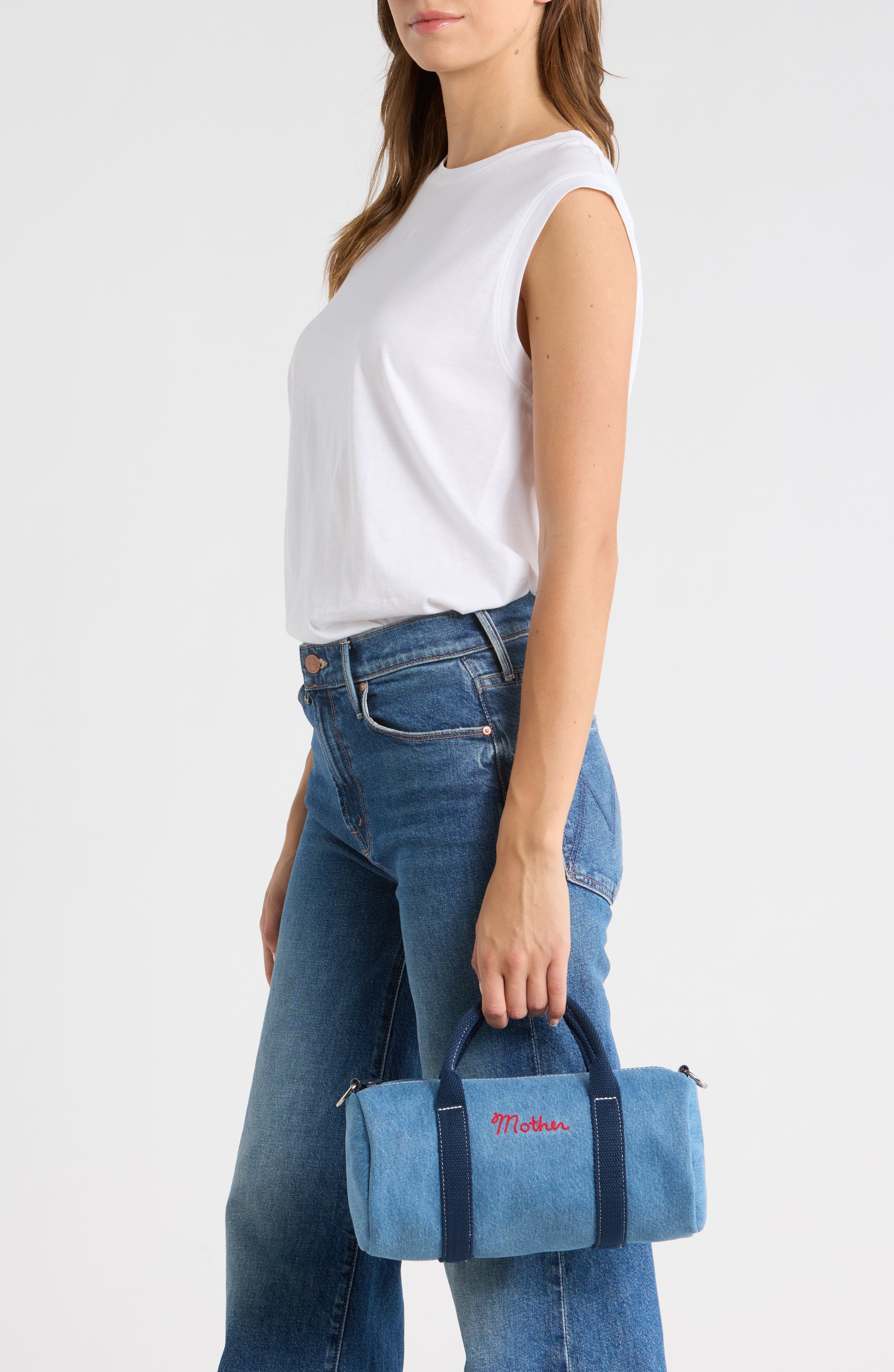 MOTHER The Sidekick Denim Duffle Bag, Alternate, color, Laguna Blue