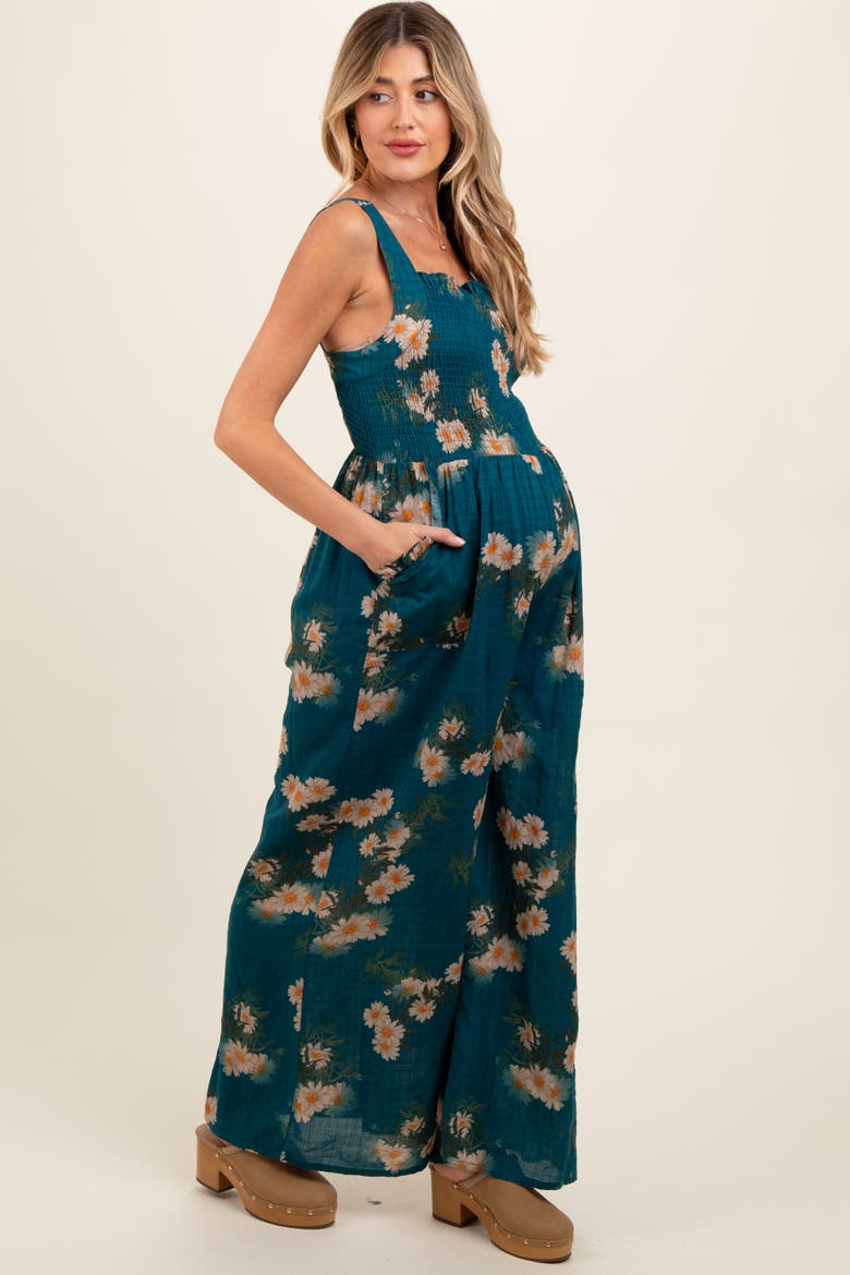 Floral Smocked Jumpsuit, Alternate, color, Dark Teal
