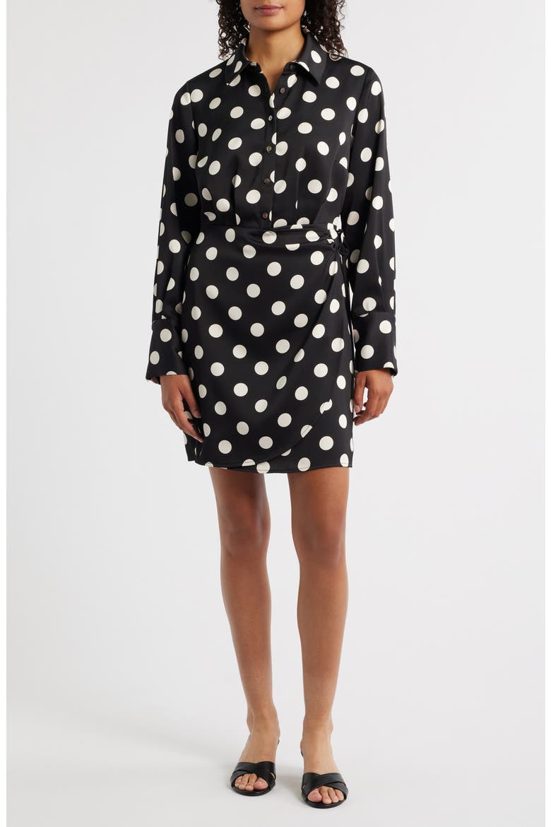 Polka Dot Long Sleeve Faux Wrap Shirtdress, Main, color, BLACK/ WHITE