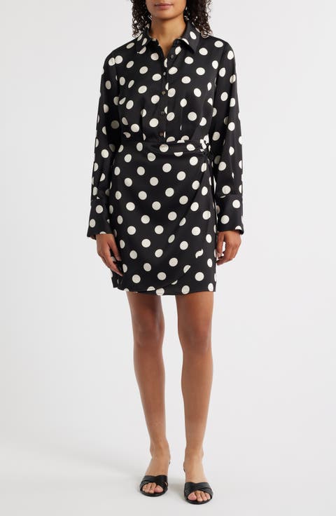 Polka Dot Long Sleeve Faux Wrap Shirtdress