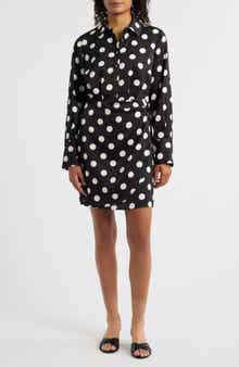 Polka Dot Long Sleeve Faux Wrap Shirtdress