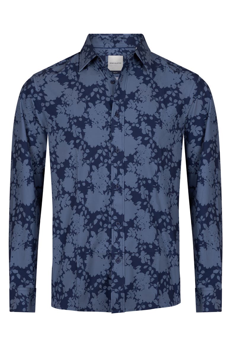 Floral Print Stretch Long Sleeve Button Up Shirt, Alternate, color, 41 NAVY