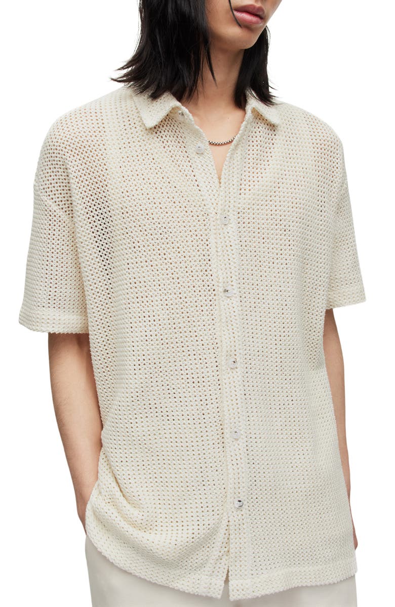 AllSaints Munro Open Stitch Short Sleeve Cotton Button-Up Shirt, Main, color, Chalk White
