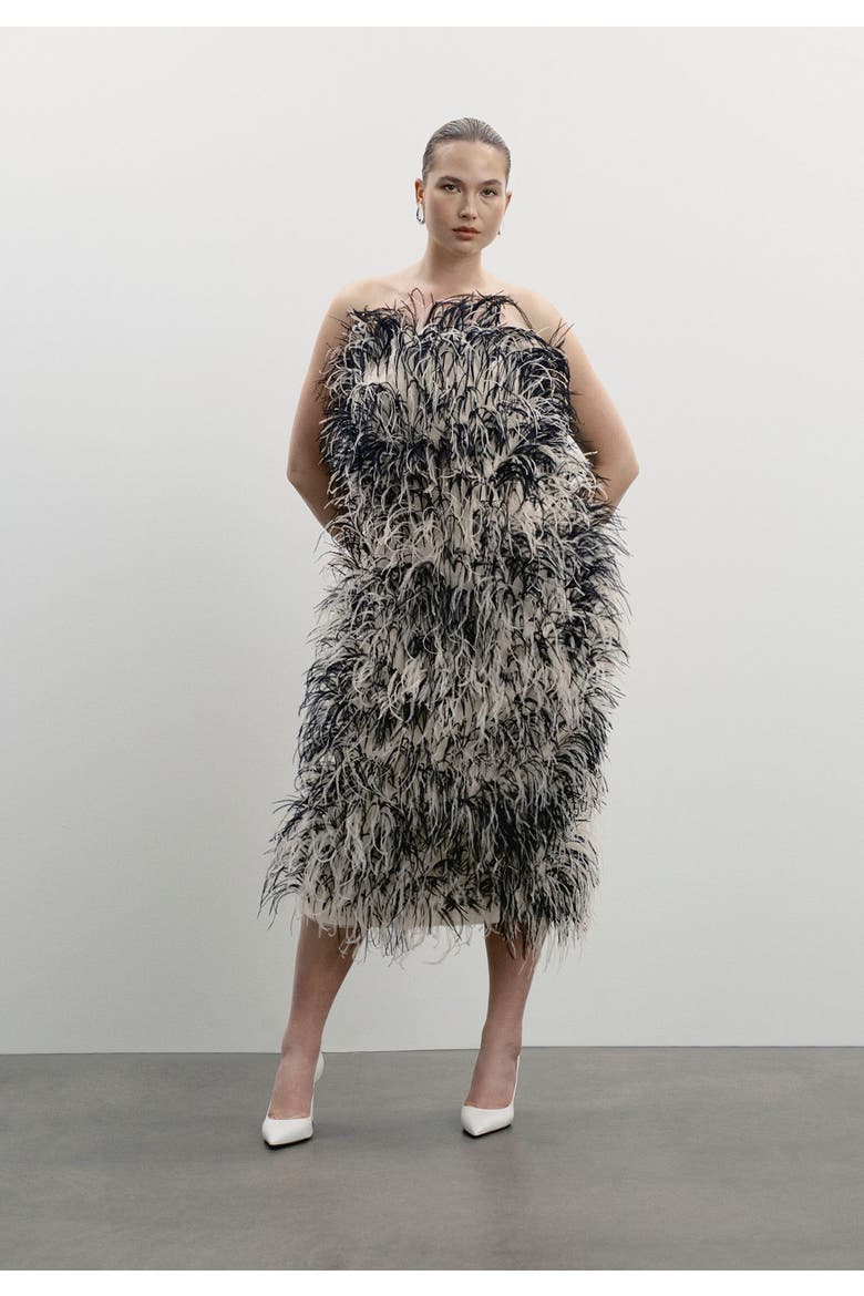 Ostrich Feather Strapless Maxi Dress, Main, color, BLACK AND CREAM