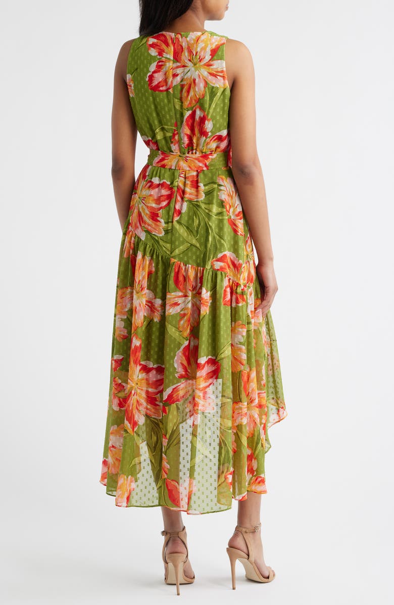 Anne Klein Floral Clip Dot High-Low Faux Wrap Dress, Alternate, color, Leafy Green Multi