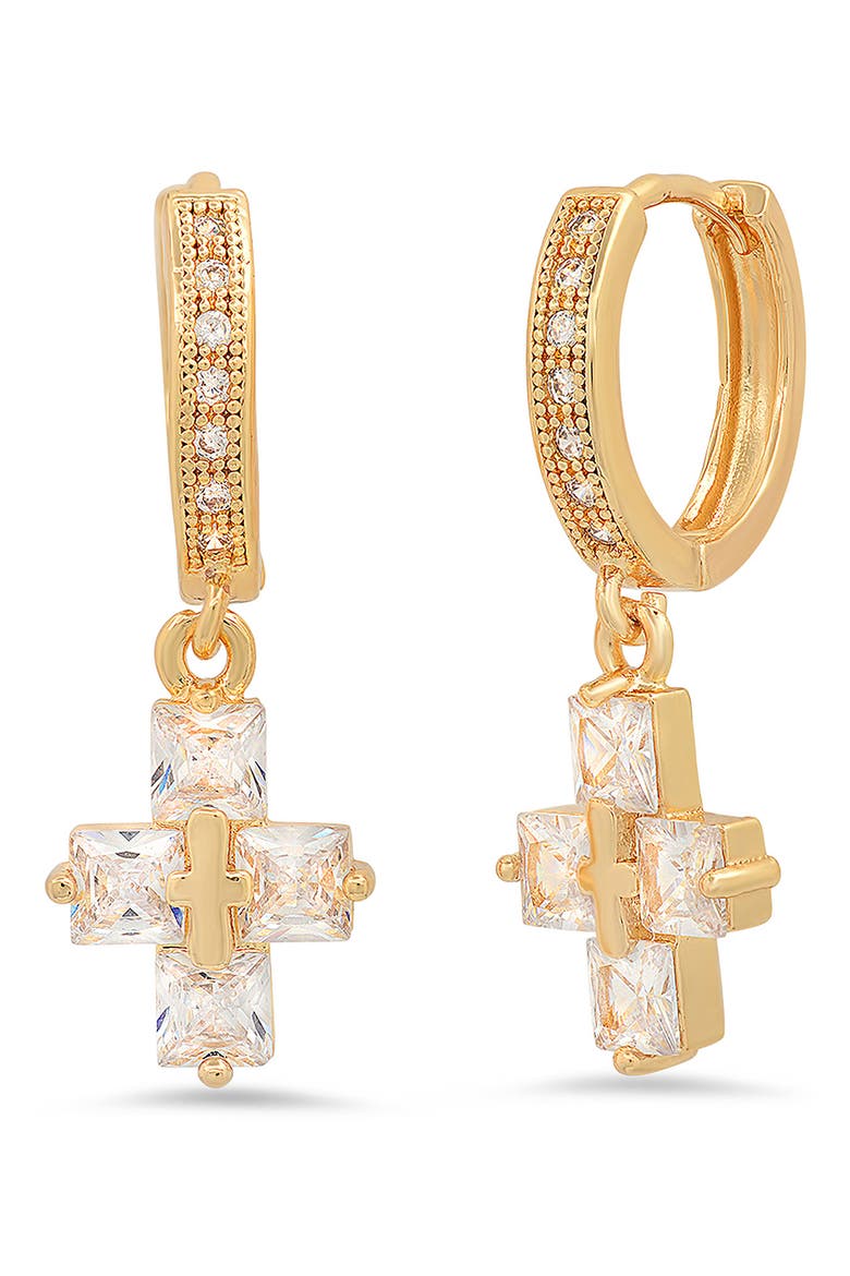 18K Gold Plated Crystal Cross Hoop Earrings, Main, color, YELLOW