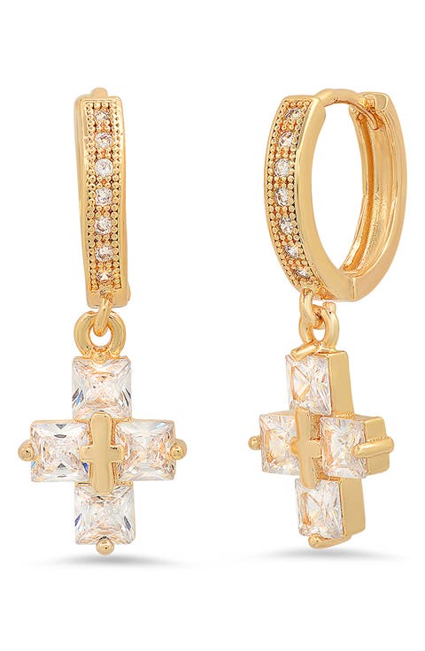 18K Gold Plated Crystal Cross Hoop Earrings