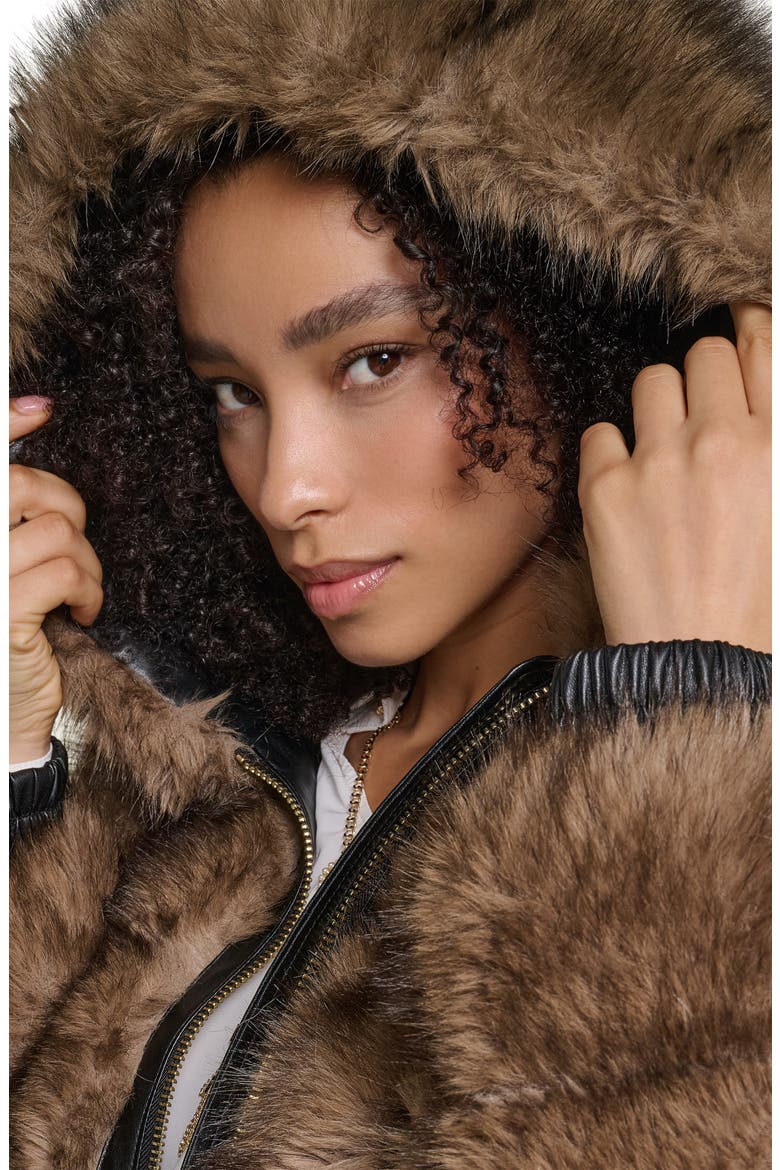 Hooded Grooved Faux Fur Jacket, Alternate, color, BROWN MULTI