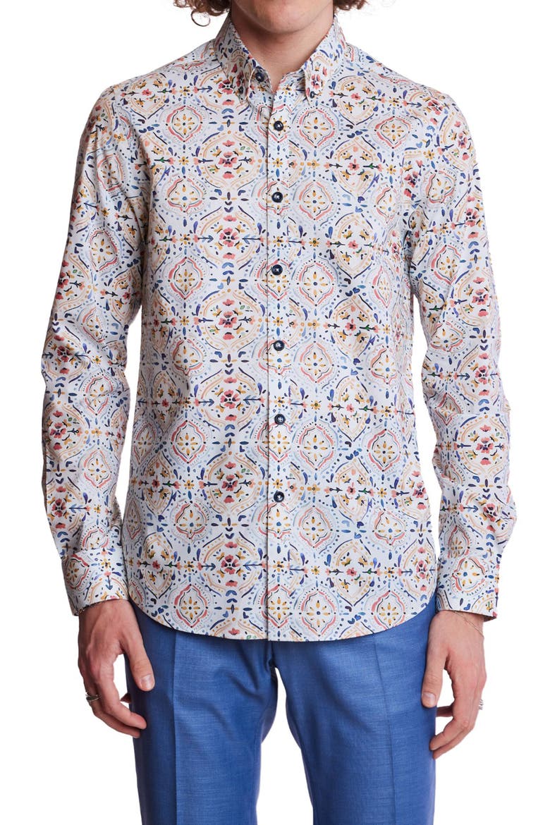 Brian Stretch Cotton Button-Down Shirt, Main, color, WHITE PEACH BLUE MOSAIC
