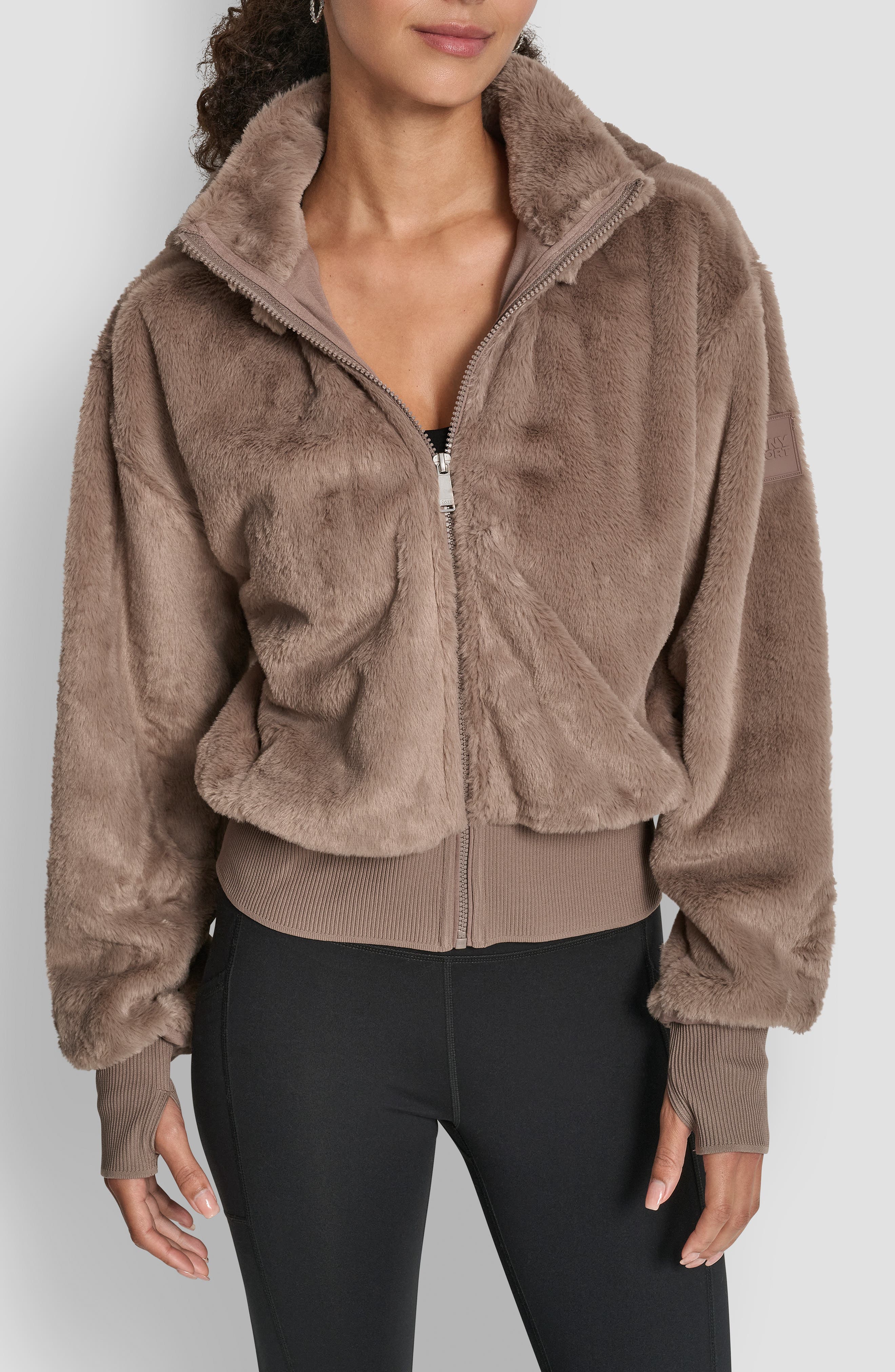 DKNY Faux Fur Zip Jacket with Removable Hood