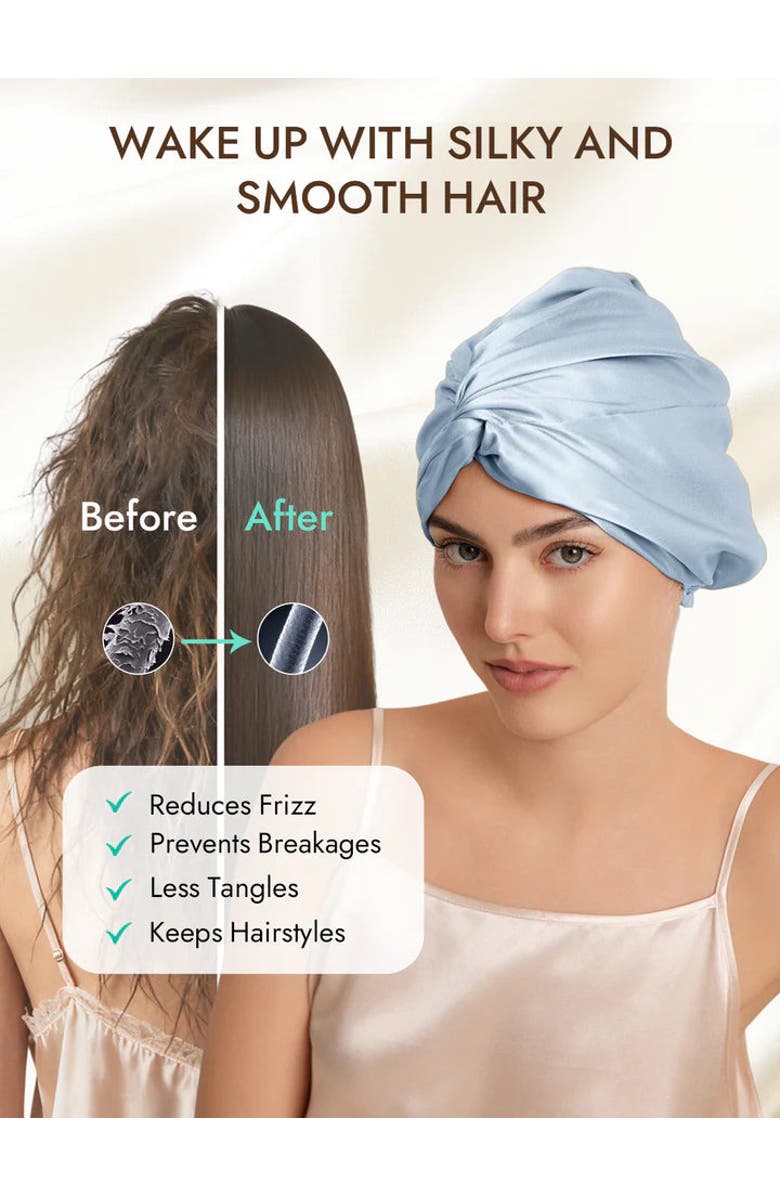 SILKSILKY 22Momme Pure Silk Knot Front Hair Bonnet with Adjustable Button Design, Alternate, color, Steelblue