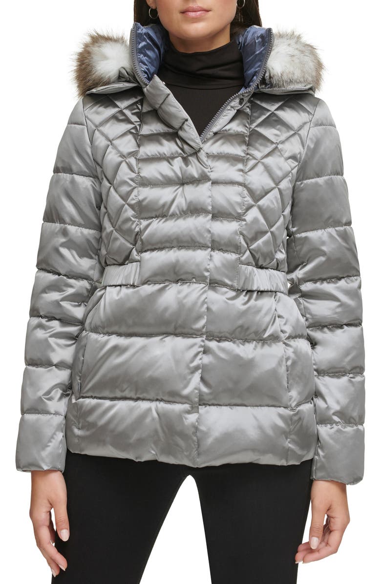 Kenneth Cole New York Core Mixed Puffer Jacket with Faux Fur Trim, Main, color, Gunmetal