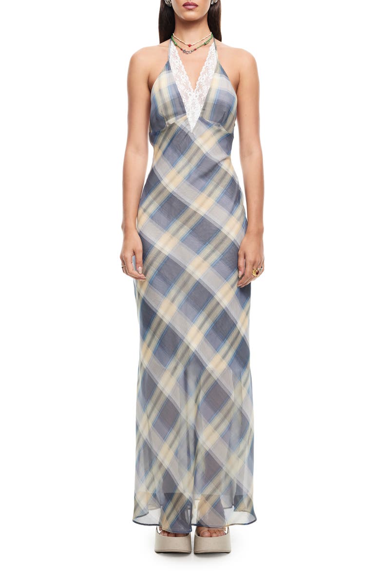 Shoreline Plaid Lace Trim Halter Maxi Dress, Main, color, BLUE CHECK