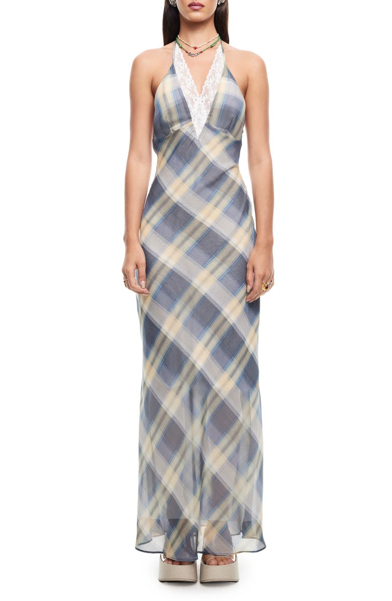 LIONESS Shoreline Plaid Lace Trim Halter Maxi Dress, Main, color, Blue Check