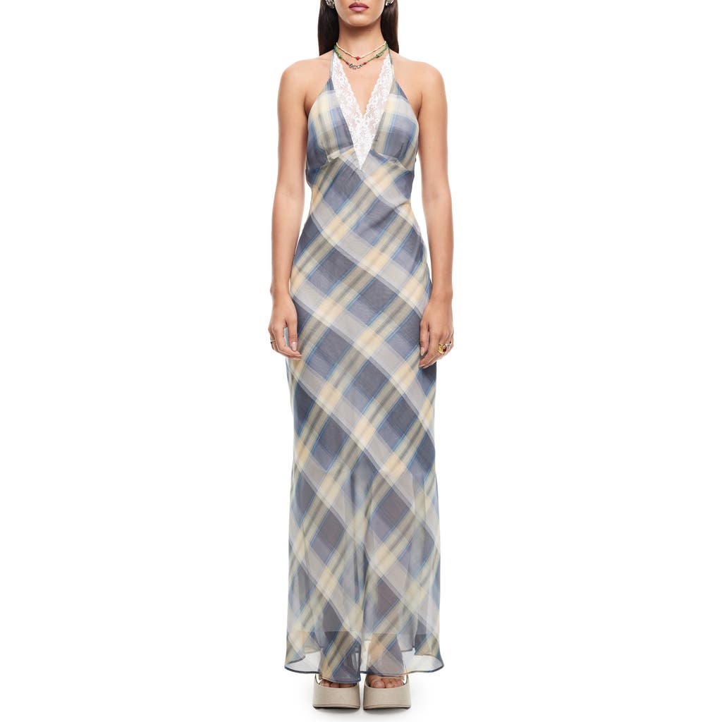 Lioness Shoreline Plaid Lace Trim Halter Maxi Dress In Blue