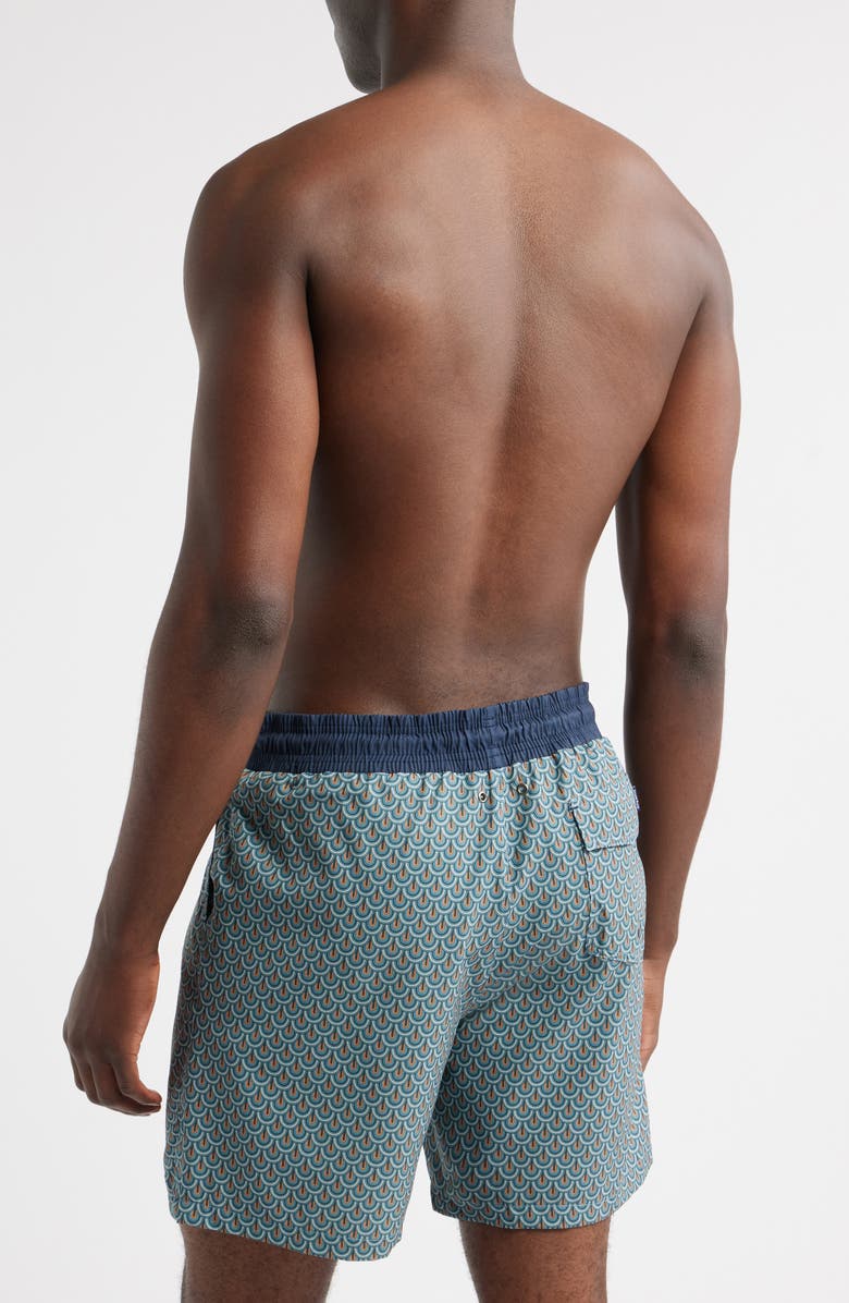 Stone Rose Retro Wallpaper Print Swim Trunks, Alternate, color, Blue