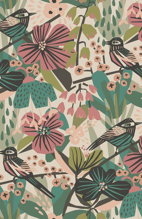 Teal Pink Jaybird Peel and Stick Wallpaper