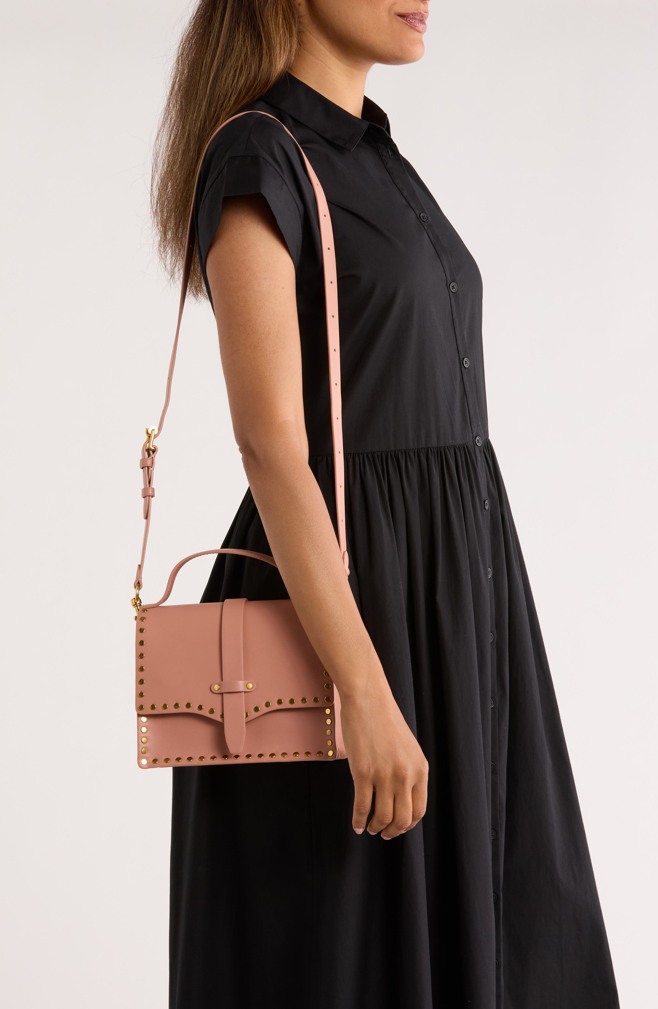 Rebecca Minkoff Nanine Studded Top Handle Bag, Alternate, color, Romance