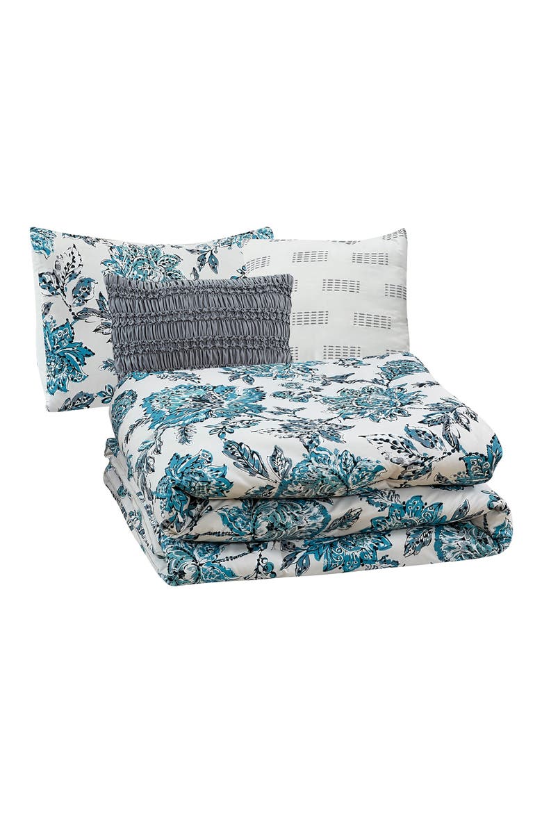 Floral Print Microfiber 5-Piece Comforter Set, Main, color, WHITE/ TEAL