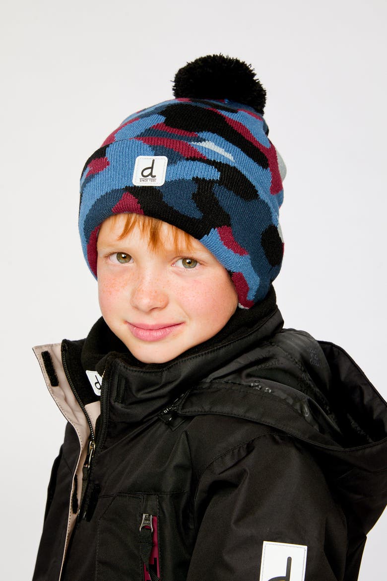 Winter Camouflage Jacquard Snug Fit Knit Hat with Pompom, Alternate, color, Blue and Red Camouflage