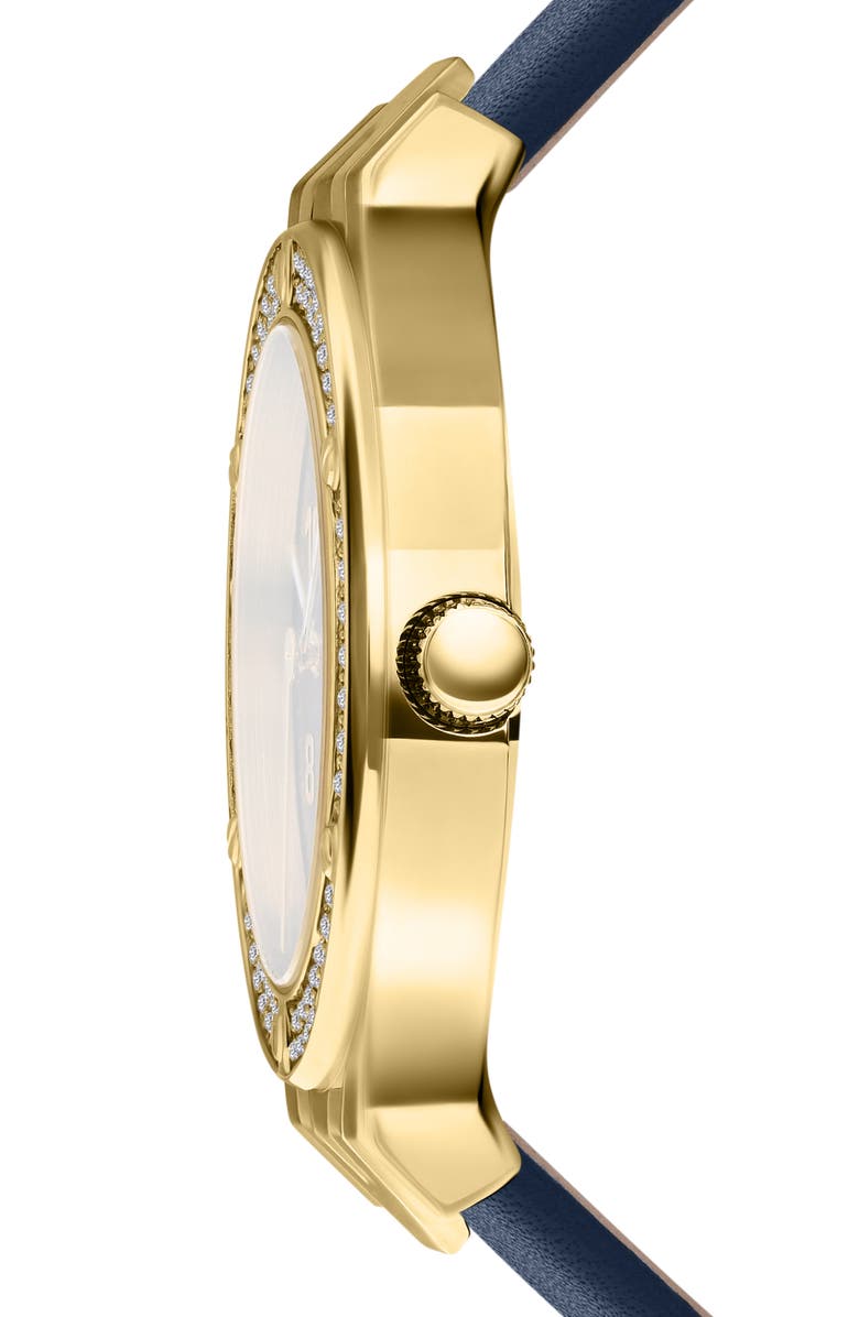 VERSUS Versace Vittoria Crystal Leather Strap Watch, 38mm, Alternate, color, Ip Yellow Gold/ Navy