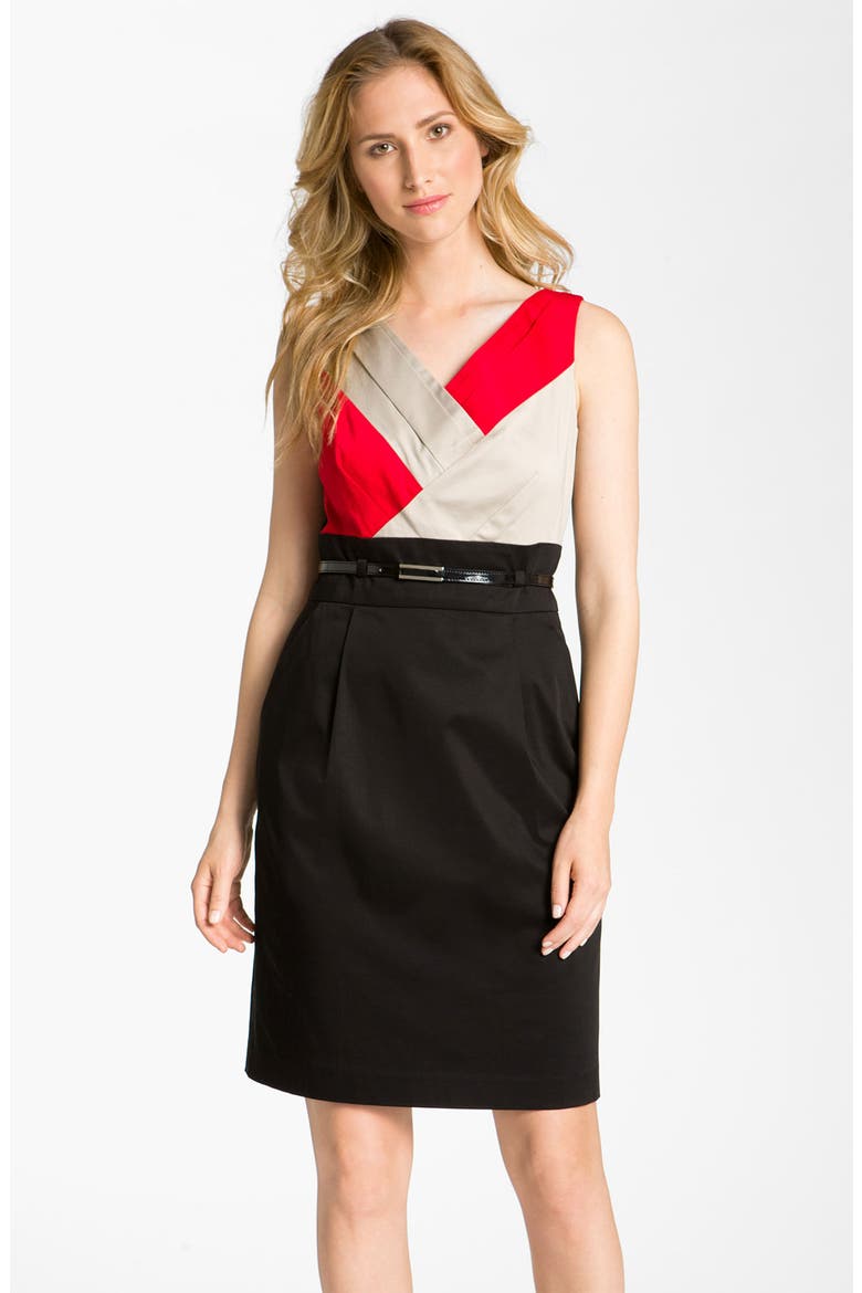 by Arthur S. Levine Belted Colorblock Cotton Dress, Main, color, BLACK/ KHAKI/ RED