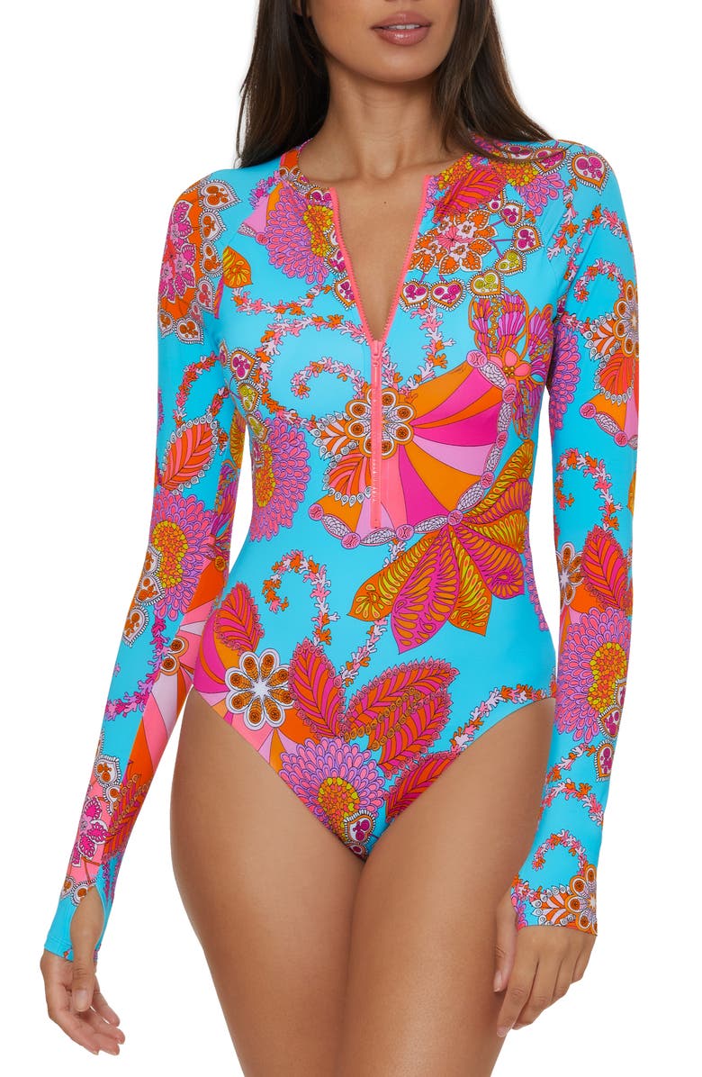 Trina Turk Maliana Zip Long Sleeve One-Piece Swimsuit, Alternate, color, 