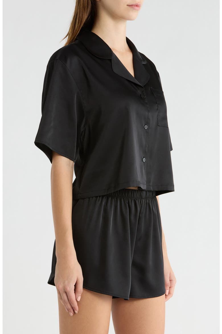 Boxy Stretch Satin Short Pajamas, Alternate, color, BLACK