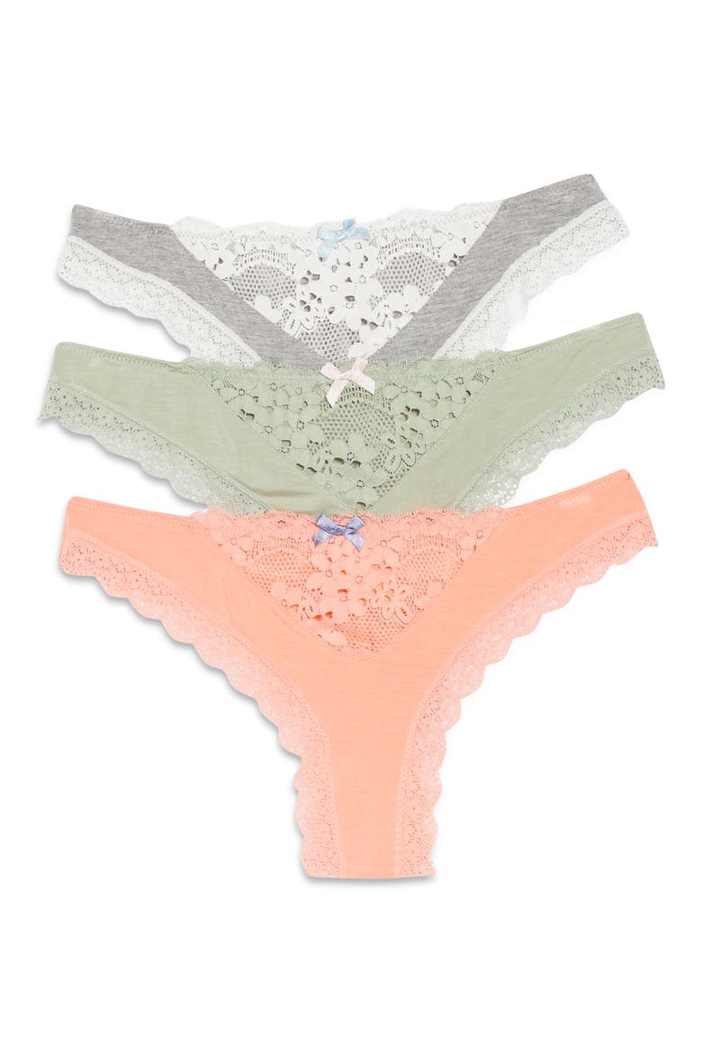 Intimates 3-Pack Willow Thongs, Main, color, HEATHER GREY/ BIRCH/ ANGELFISH