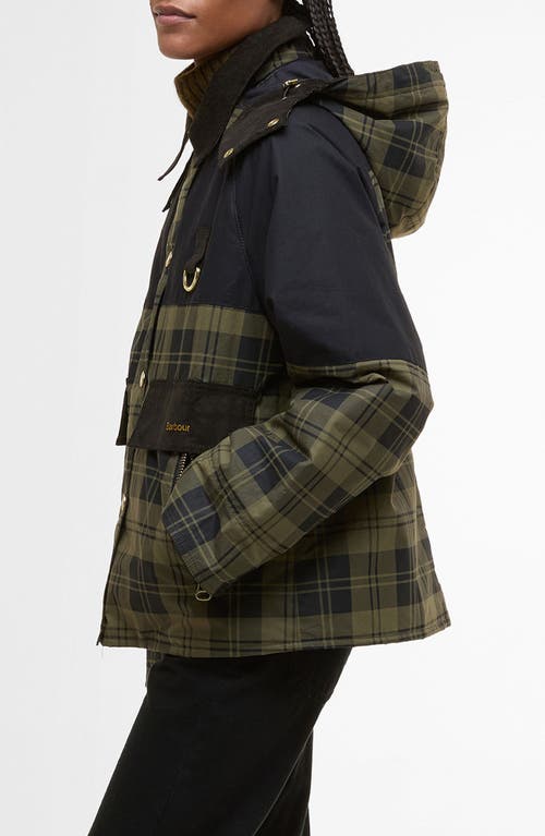 Barbour Elaine Hooded Corduroy-trimmed Checked Waxed-cotton Jacket In Green