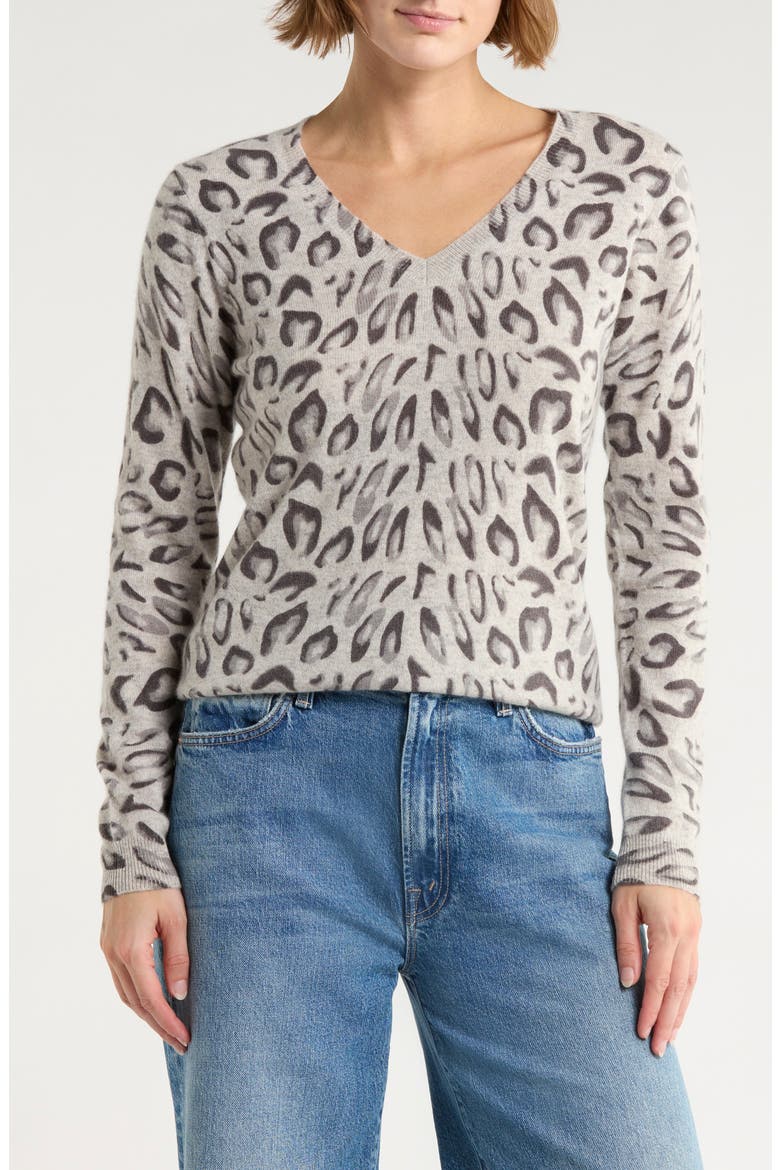 Leopard V-Neck Cashmere Sweater, Main, color, GREY LEOPARD
