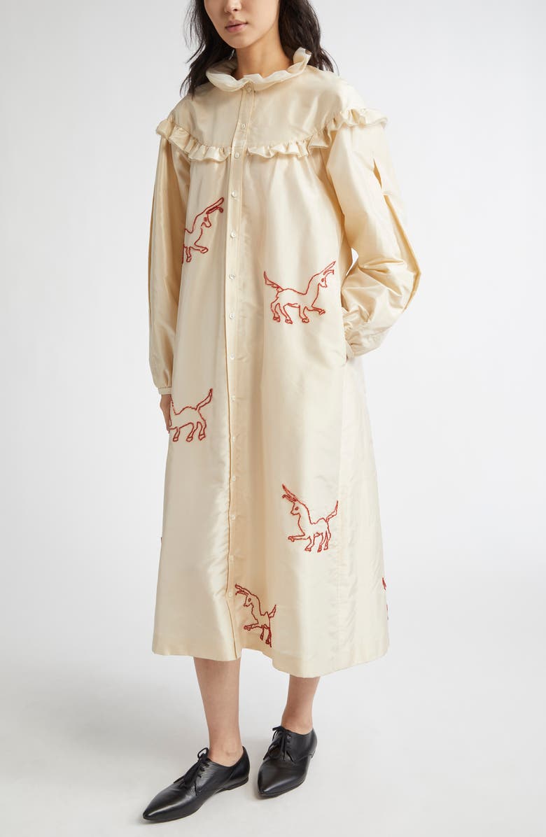 Meruert Tolegen Goat Beaded Ruffle Taffeta Coat, Alternate, color,