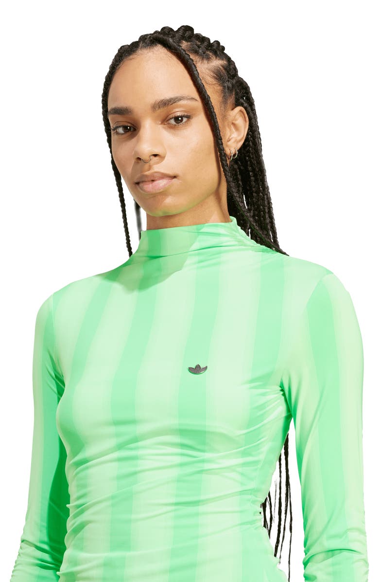 adidas Stripe Long Sleeve Ruched Top, Alternate, color, Screaming Green